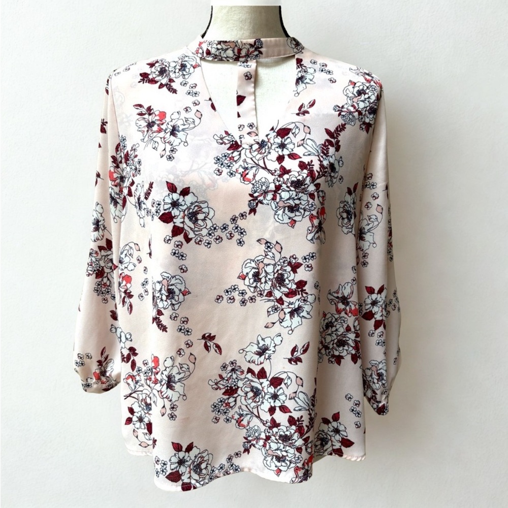 Floral Print Women's Top - Blush Pink and Red Accents